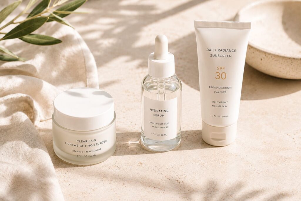 Simple summer skincare routine with moisturizer, serum, and sunscreen essentials