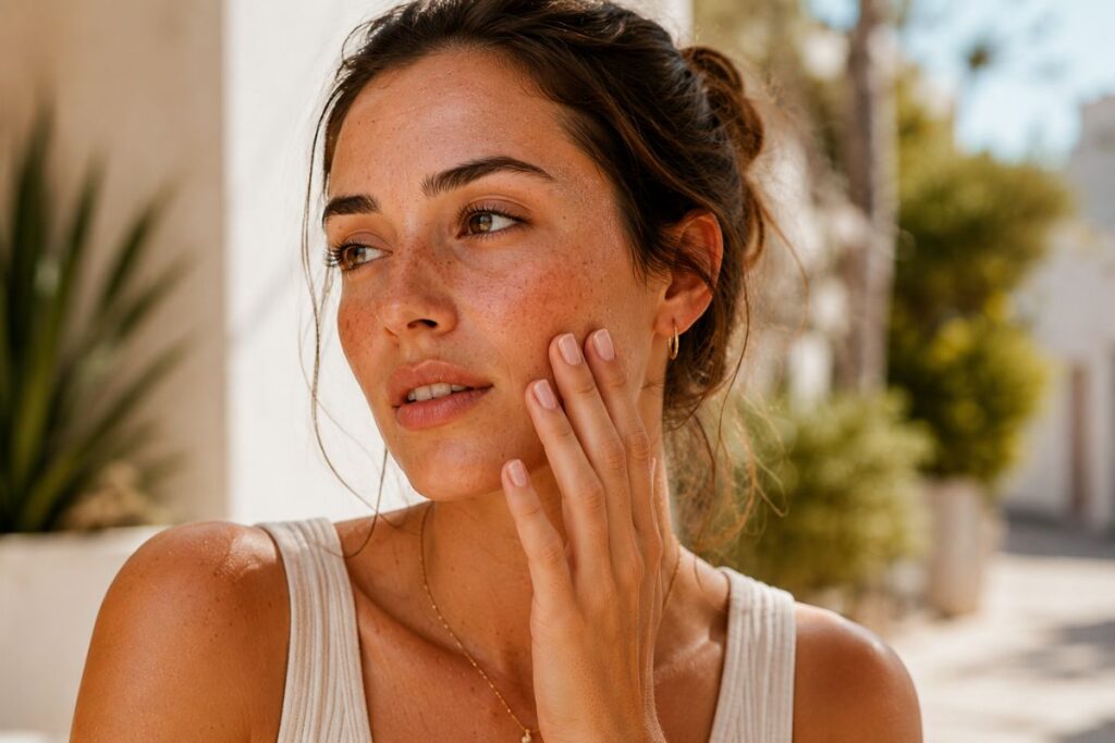 Woman with sensitive summer skin experiencing seasonal changes and skin concerns 