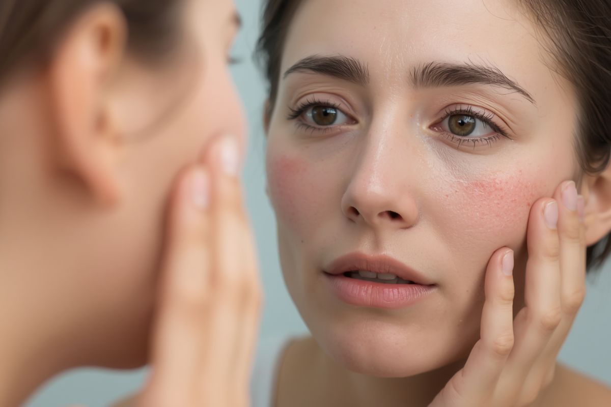 Woman noticing signs of sensitive skin and facial redness